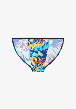 Kleurige bikini slip met een levendig abstract patroon in blauw, oranje en roze. Gemaakt van soepel, rekbaar materiaal.