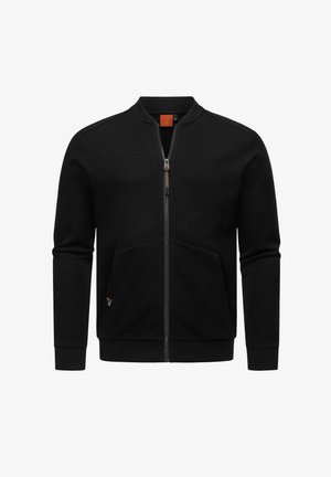 Sort zip-jakke med ribbet krave, to frontlommer og en kontrastfarvet inderside. Lavet af struktureret stof med en tætsiddende pasform.