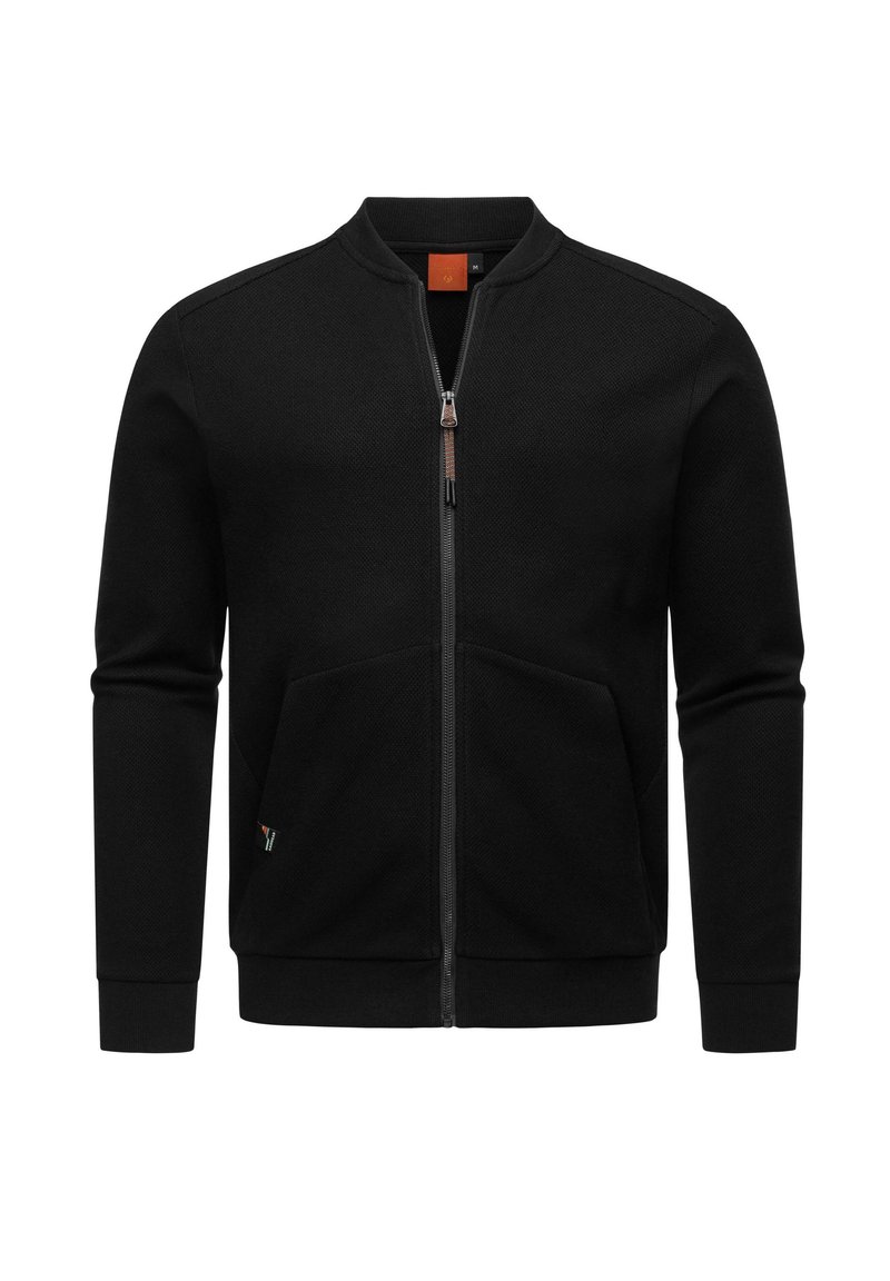 Juoda zip-up striukė su rausvu apykaklė, dviem priekinėm kišenėm ir kontrastinga vidine etiketė. Pagaminta iš tekstūruoto audinio su prigludusia forma.