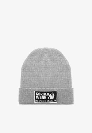 Grijze gebreide muts met een omgeslagen boord, voorzien van een zwart-witte patch met de tekst "GORILLA WEAR UNITED STATES OF AMERICA" en een gorilla-logo.