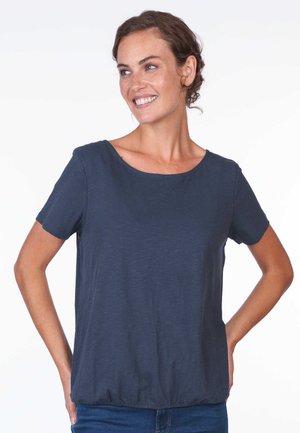 Navy short-sleeve t-shirt in lightweight fabric with a rounded neckline and elastic hem. Smooth texture, casual fit.