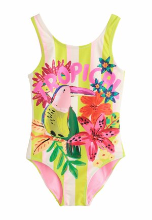 Kinderbadeanzug mit grünen und hellrosa Streifen, mit einem bunten Tukan, tropischen Blumen und dem Wort „tropical“ in pinken Buchstaben.