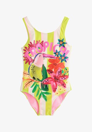 Børnebadebukser med grønne og lyserøde striber, med en farverig tukan, tropiske blomster og ordet tropical i pink bogstaver.