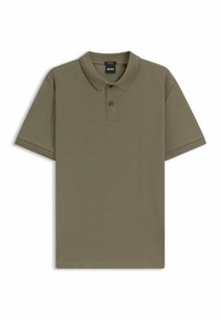 Olijfgroen polo shirt met een gestructureerd visgraatpatroon, korte mouwen, een klassieke kraag en een twee-knoopsluiting.