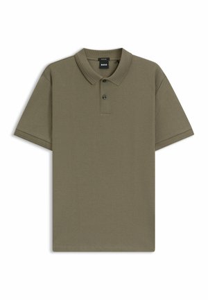 Olive green polo shirt with a textured herringbone pattern, short sleeves, a classic collar, and two-button placket.
