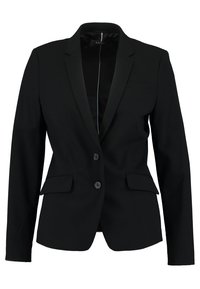 Czarna, dopasowana marynarka na jedno zapięcie, z kołnierzem typu szalowym, dwoma przednimi kieszeniami oraz gładką fakturą materiału. Odpowiednia na oficjalne okazje.