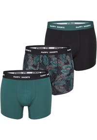 Tre paia di boxer da uomo: verde, nero e un design a fantasia con foglie tropicali, tutti con cinturini elasticizzati etichettati "HAPPY SHORTS."