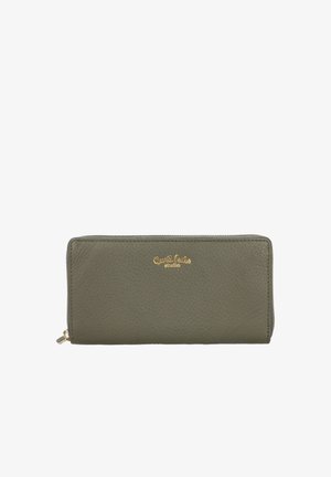 Olivegrüne Leder-Brieftasche mit Rundum-Reißverschluss und goldgeprägtem Markennamen "Cuoti Leder studio" vorne mittig.