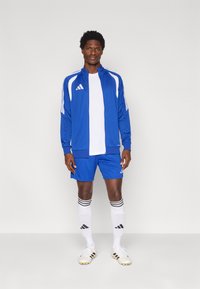 Βασιλικό μπλε αθλητικό σετ με λευκές λεπτομέρειες, που περιλαμβάνει ζακέτα με φερμουάρ και ταιριαστό σορτς. Το σύνολο ολοκληρώνεται με λευκές κάλτσες και ποδοσφαιρικά παπούτσια.