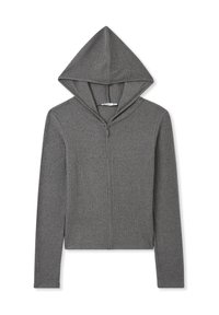 Szara bluza z kapturem na zamek z dużym kapturem, prążkowaną strukturą i długimi rękawami. Zaprojektowana z myślą o dopasowanym kroju, z gładkim zamkiem błyskawicznym.