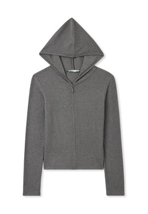 Felpa grigia con zip, dotata di un ampio cappuccio, texture a coste e maniche lunghe. Progettata per una silhouette aderente, presenta una zip liscia.