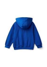 Felpa blu in cotone con un ampio cappuccio, polsini e vita a costine. Tessuto liscio, progettata per un abbigliamento casual con una costruzione semplice.