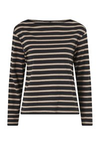 Haut à manches longues noir et beige à rayures, avec un large col et une texture de tissu doux. Coupe droite sans embellissements supplémentaires.