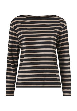Maglia a maniche lunghe a righe nere e beige, con un ampio scollo e texture di tessuto morbido. Taglio dritto senza ulteriori decorazioni.