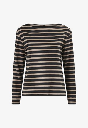 Haut à manches longues noir et beige à rayures, avec un large col et une texture de tissu doux. Coupe droite sans embellissements supplémentaires.