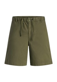 Olivgrüne Baumwollshorts mit elastischem Bund, Kordelzug und Knopfverschluss. Verfügt über seitliche Taschen und eine glatte Textur.