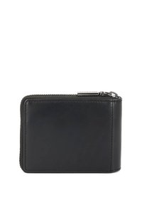 Melna ādas maku ar rāvējslēdzēju ap malu, taisnstūrveida formā un ar minimālu šuvju daudzumu, attēlots aizvērts uz balta fona.