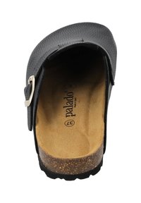 Black synthetic slip-on shoe with a textured upper, cork midsole, rubber outsole, and silver adjustable buckle detail. Interior is tan.