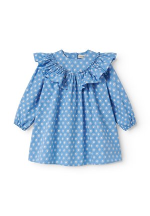 Blaues Baby-Kleid mit langen Ärmeln, weißem Blumenmuster, gerafftem Halsausschnitt, elastischen Bündchen und lockerem Schnitt.