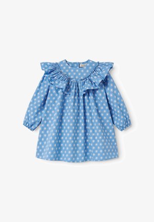 Μπλε μακρυμάνικο παιδικό φόρεμα με λευκό λουλουδάτο μοτίβο, βολάν στο λαιμό, ελαστικές μανσέτες και άνετη εφαρμογή.