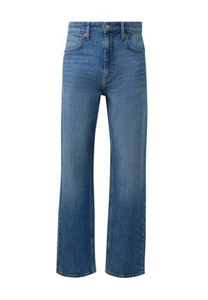 Blaue gerade Jeans mit hoher Taille, vorne mit Knopf und Reißverschluss sowie Fünf-Taschen-Design auf weißem Hintergrund.