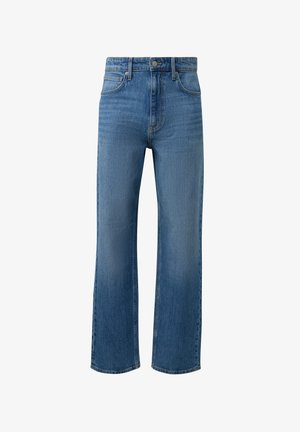 Blaue gerade Jeans mit hoher Taille, vorne mit Knopf und Reißverschluss sowie Fünf-Taschen-Design auf weißem Hintergrund.