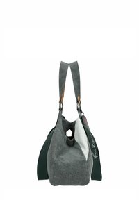 Borsa feltro grigia con lato bianco a contrasto, doppi manici in verde scuro e grigio, dotata di minuteria metallica e una finitura testurizzata.