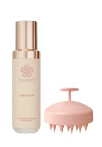 Siero per capelli in una bottiglia di vetro cilindrica con un tappo dorato, accanto a un massaggiatore per cuoio capelluto rosa con una superficie testurizzata e estremità appuntite.