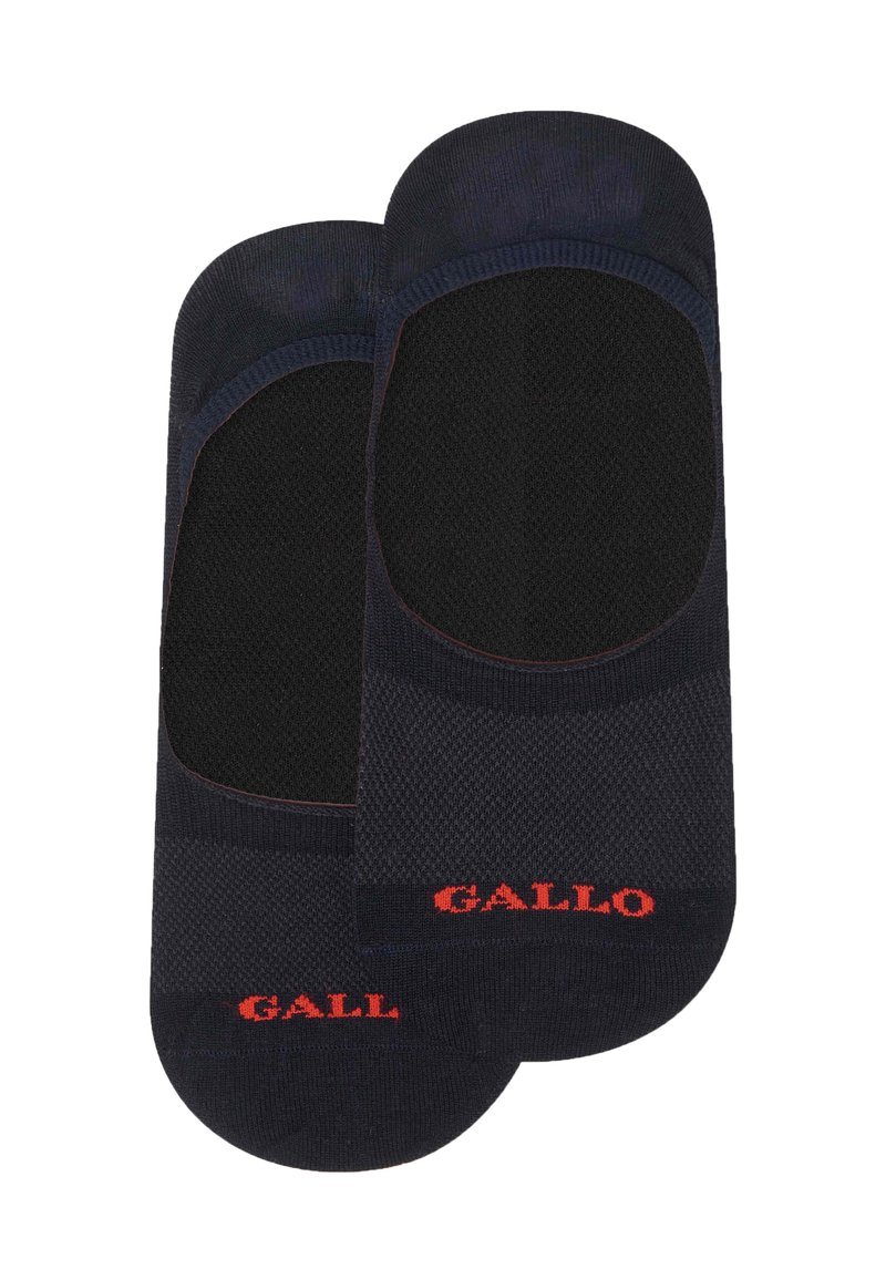 Calzini neri a taglio basso con un design in rete, caratterizzati da una texture liscia, tallone rinforzato e logo 'GALLO' rosso di lato.