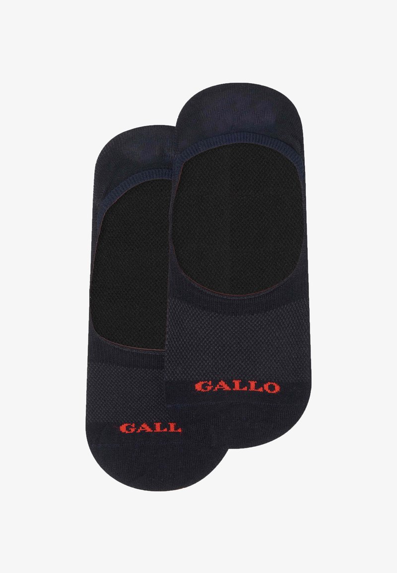 Calzini neri a taglio basso con un design in rete, caratterizzati da una texture liscia, tallone rinforzato e logo 'GALLO' rosso di lato.