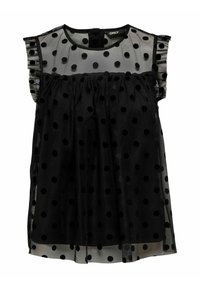 Top senza maniche nero realizzato in tessuto trasparente con pois neri, dotato di una vita arricciata e delicati dettagli arricciati sulle spalle.
