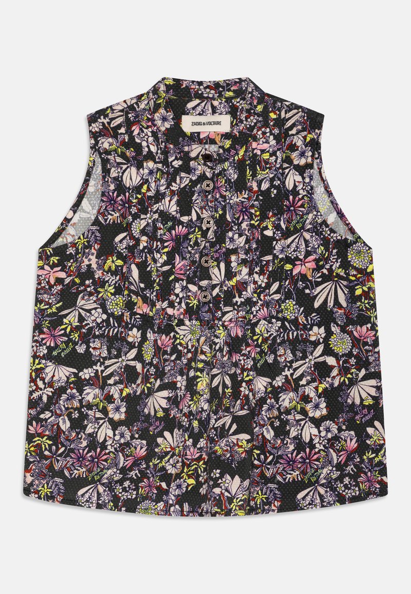 Ermeløs svart bluse med blomstermønster i rosa, hvitt og grønt. Har knapper foran og rynkedetaljer på bysten.
