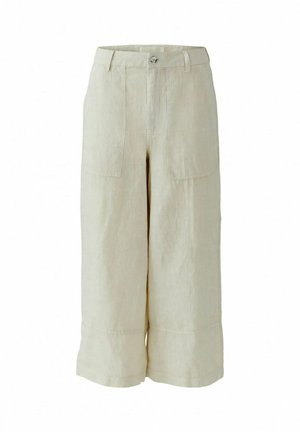 High-waisted beige wide-leg cropped pants with front patch pockets, belt loops, and a button closure.