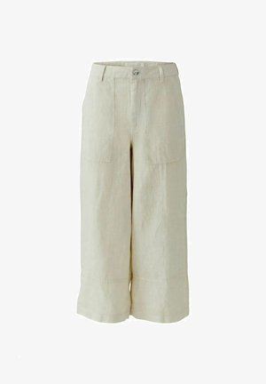 High-waisted beige wide-leg cropped pants with front patch pockets, belt loops, and a button closure.