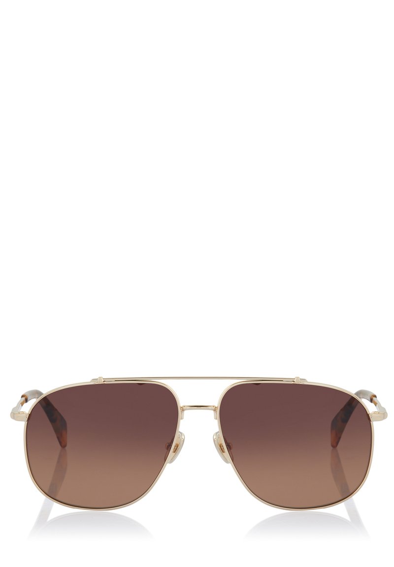 Lunettes de soleil avec monture en métal doré et verres dégradés marron. Forme de lentille carrée, plaquettes de nez ajustables et embouts de branches à motifs.
