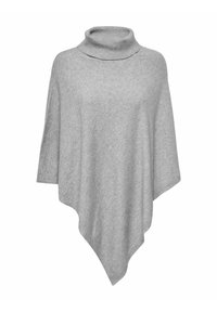 Grijze poncho met een hoge kraag, gemaakt van zachte stof. Heeft een losse, vloeiende vorm en een driehoekige snit aan de onderkant.