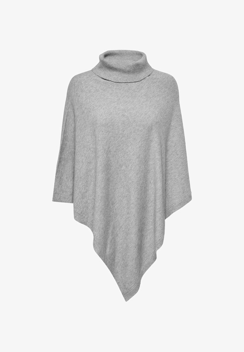 Grijze poncho met een hoge kraag, gemaakt van zachte stof. Heeft een losse, vloeiende vorm en een driehoekige snit aan de onderkant.