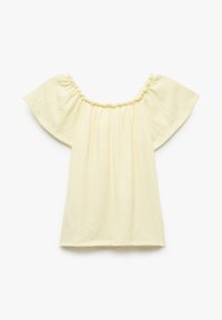 Helles gelbes Off-Shoulder-Oberteil mit elastischem Bündchen, kurzen fließenden Ärmeln, strukturiertem Stoff und lockerem Schnitt.