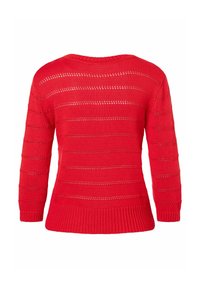 Roter Strickpullover mit horizontalen Lochmusterstreifen, gerippten Bündchen und Saum, mit lockerer Passform und weitem Ausschnitt.