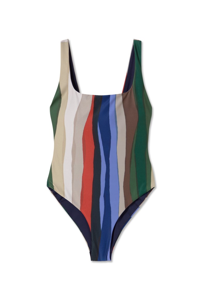 Eén stuk badpak met een ronde hals, met verticale strepen in groen, blauw, bruin, rood en beige. Glad, rekbaar materiaal.