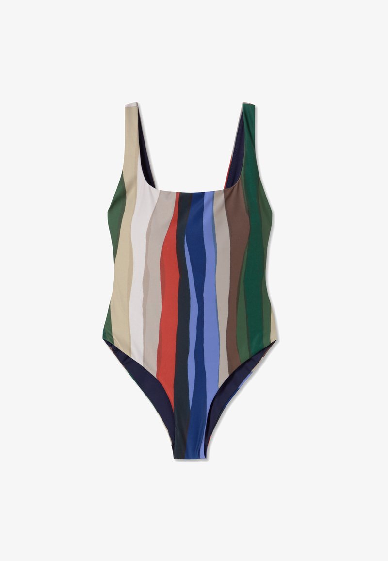 Einteiliger Badeanzug mit Rundhalsausschnitt, verziert mit senkrechten Streifen in Grün, Blau, Braun, Rot und Beige. Glattes, dehnbares Material.