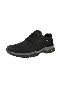 Schwarze Leder Schuhe mit glatter Textur, Schnürdesign, grauer Sohle und gelben Akzenten an der Seite. Verfügt über detaillierte Nähte im oberen Bereich.
