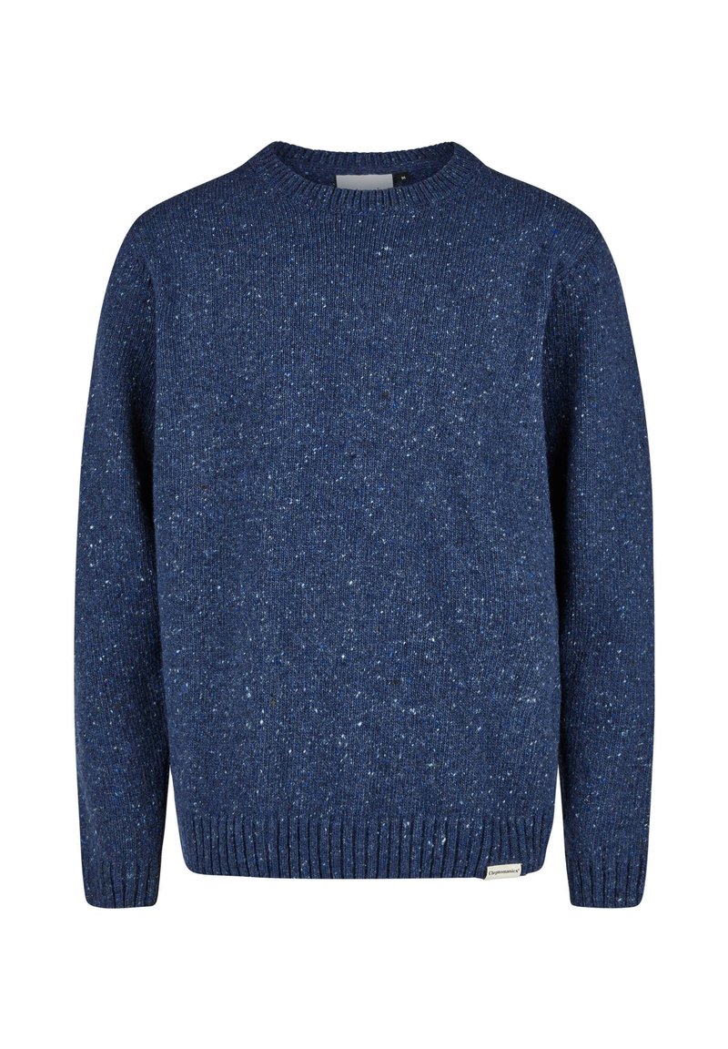 Marineblaue gestrickte Pullover mit Rundhalsausschnitt, der eine gesprenkelte Textur und gerippte Säume aufweist. Das Material wirkt weich und gemütlich.