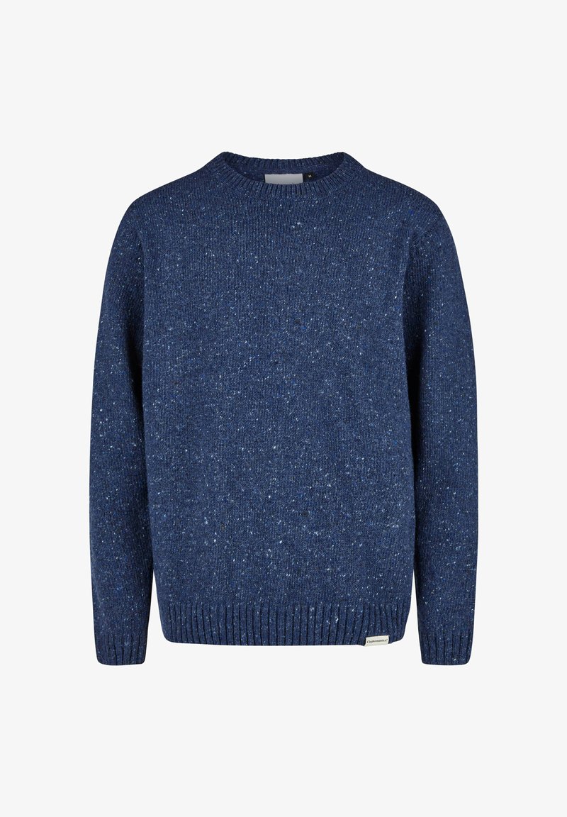 Marineblaue gestrickte Pullover mit Rundhalsausschnitt, der eine gesprenkelte Textur und gerippte Säume aufweist. Das Material wirkt weich und gemütlich.