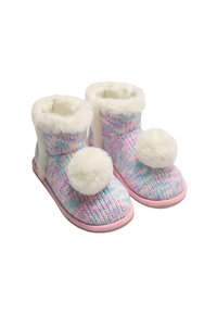 Zapatillas de punto con una mezcla de colores pastel, forro de piel, pompones blancos redondos en la parte delantera y suela rosa suave.