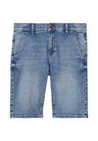 Shorts en denim bleu clair avec une finition délavée, dotés d'passants de ceinture, de poches avant et d'accents de couture visibles.