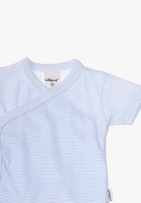 Light blue short-sleeve baby shirt with thin white stripes, wrap design, and snap closure. Features soft cotton material and a tag label.