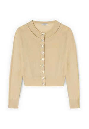 Beige gekürzte Strickjacke mit rundem Ausschnitt, langen Ärmeln, gerippten Bündchen und Saum sowie einem vorderen Knopfverschluss mit acht Knöpfen.