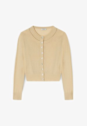 Beige gekürzte Strickjacke mit rundem Ausschnitt, langen Ärmeln, gerippten Bündchen und Saum sowie einem vorderen Knopfverschluss mit acht Knöpfen.