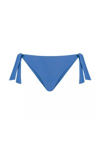 Niebieski dół bikini wykonany z gładkiego materiału, z regulowanymi sznurkami po bokach i trójkątnym kształtem. Brak widocznych wzorów i detali metalowych.